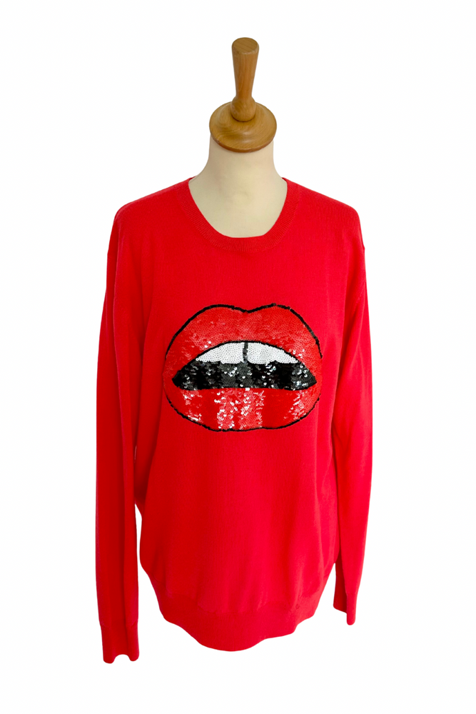 Red 'Lips' Merino Sweater Size L (UK 14) - Preloved