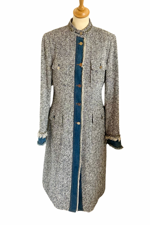 Denim Trimmed Long Tweed Jacket Size UK 10 - Preloved