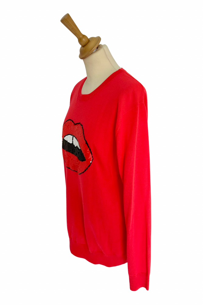 Red 'Lips' Merino Sweater Size L (UK 14) - Preloved