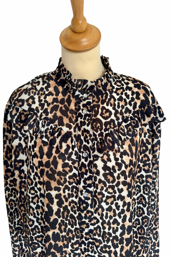 Leopard Print Frill Blouse Size S - Preloved