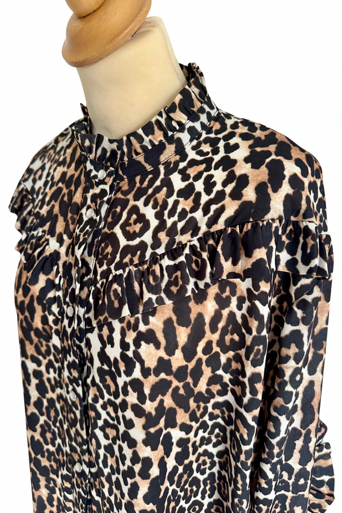 Leopard Print Frill Blouse Size S - Preloved