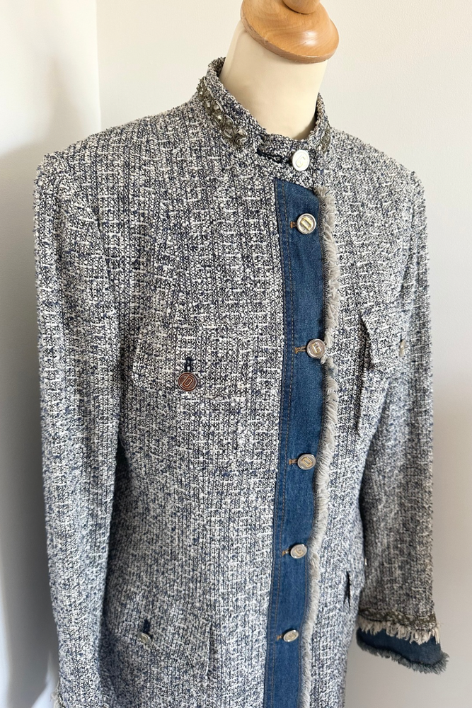 Denim Trimmed Long Tweed Jacket Size UK 10 - Preloved