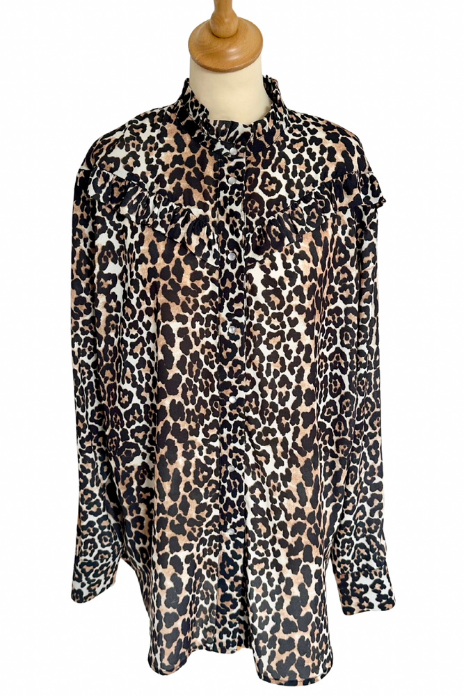 Leopard Print Frill Blouse Size S - Preloved