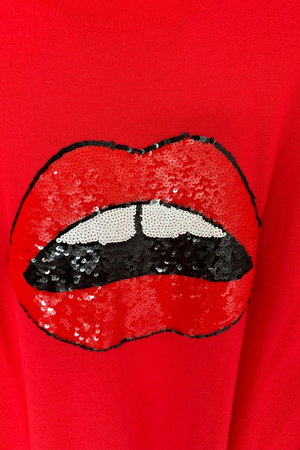 Red 'Lips' Merino Sweater Size L (UK 14) - Preloved