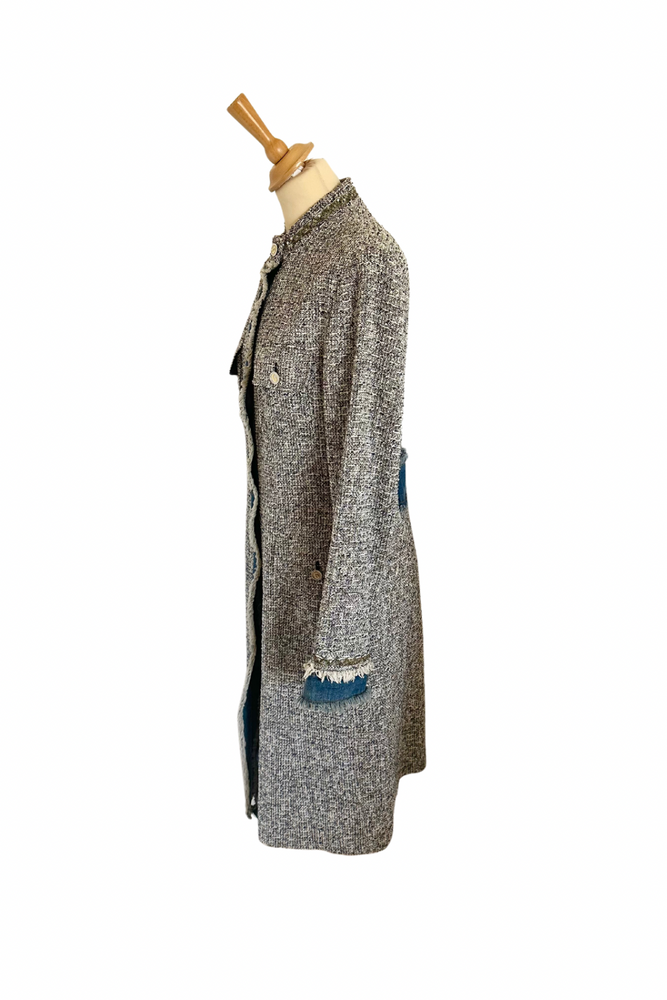 Denim Trimmed Long Tweed Jacket Size UK 10 - Preloved