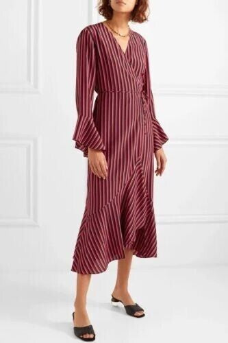 Striped Wrap Silk Midi Dress Size S - BNWT