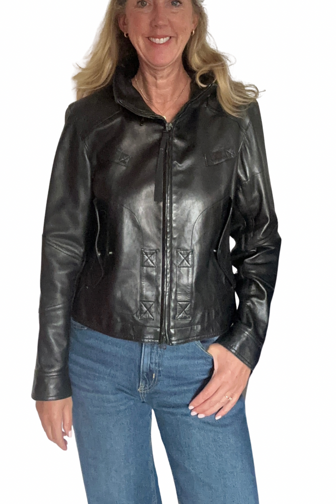 Black Leather Biker Jacket Size 12 - Preloved